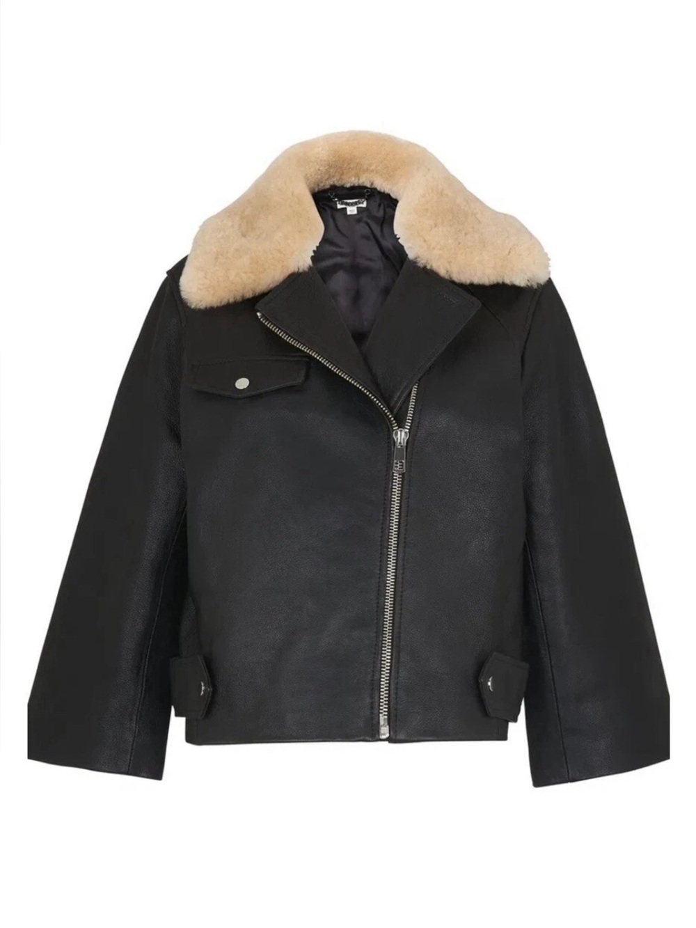 Whistles Black Leather Jacket with Shearling Collar